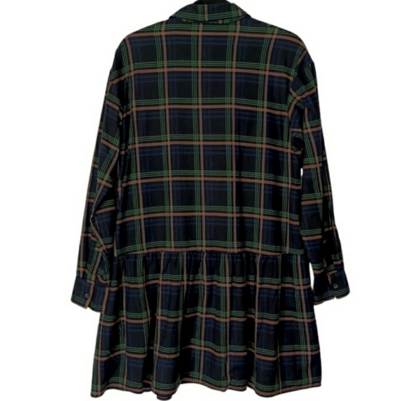 UNIQLO Soft Flannel Long Sleeve Tiered Black Green Blue Plaid Print Mini Dress - Picture 3 of 9